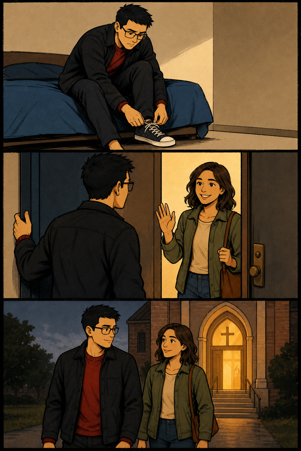 Ilustración editorial en tres paneles: un joven con gafas sale de su aislamiento, conversa con una amiga y caminan hacia una iglesia.